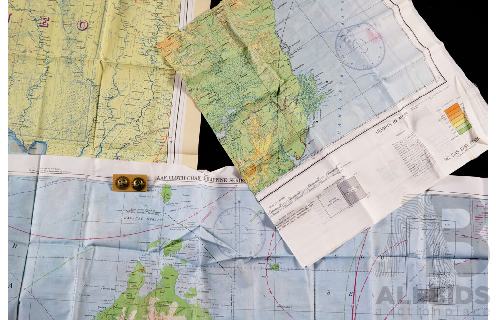 Three Vintage Two Sided WWII Cloth Escape and Evacuation Maps Comprising C43 & 44 North Borneo 1944, C45 East Borneo 1944 & One Other