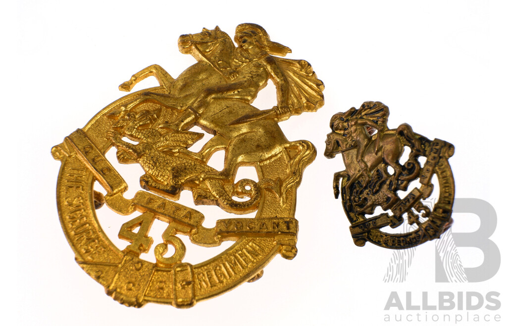 Two Vintage Australian Brass St George Regiment 45th Infantry Battalion Hat Badges  by Stakes & Sons, 1948 to 1953