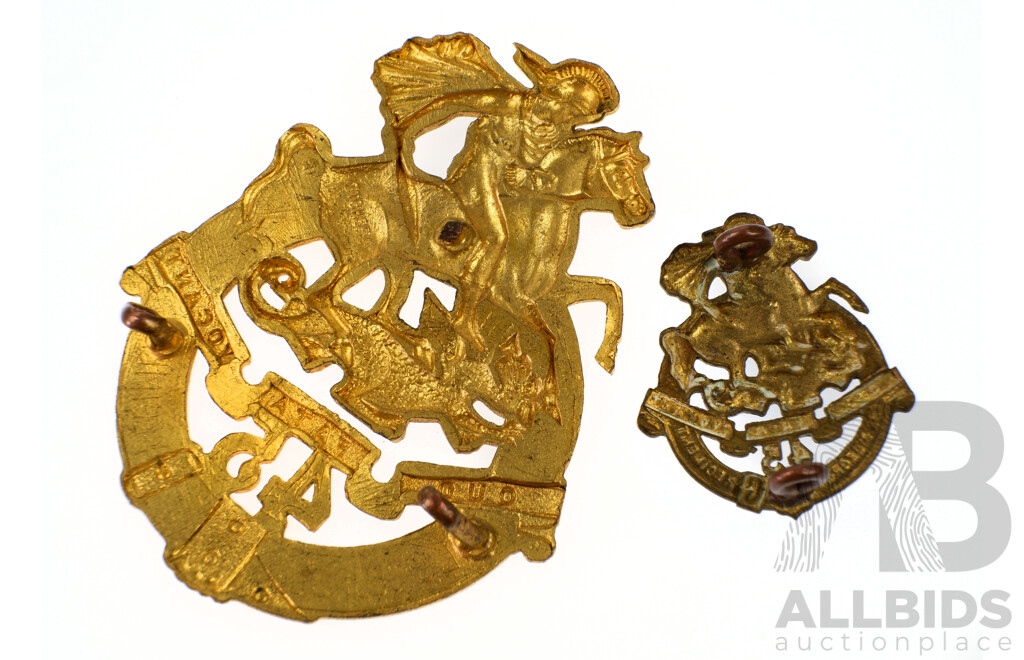 Two Vintage Australian Brass St George Regiment 45th Infantry Battalion Hat Badges  by Stakes & Sons, 1948 to 1953