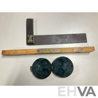 Vintage Carpenters Square with Brass Trimmings, Elvicta Adjustable Level and Vintage Rolls Royce Glove Compartment Spare Globe Kit
