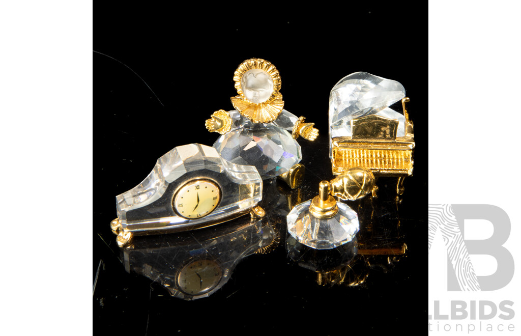 Collection Four Swarovski Austrian Crystal Memories Comprising Doll, Mantle Clock, Perfume Atomizer & Grand Piano, All in Original Box and Packaging
