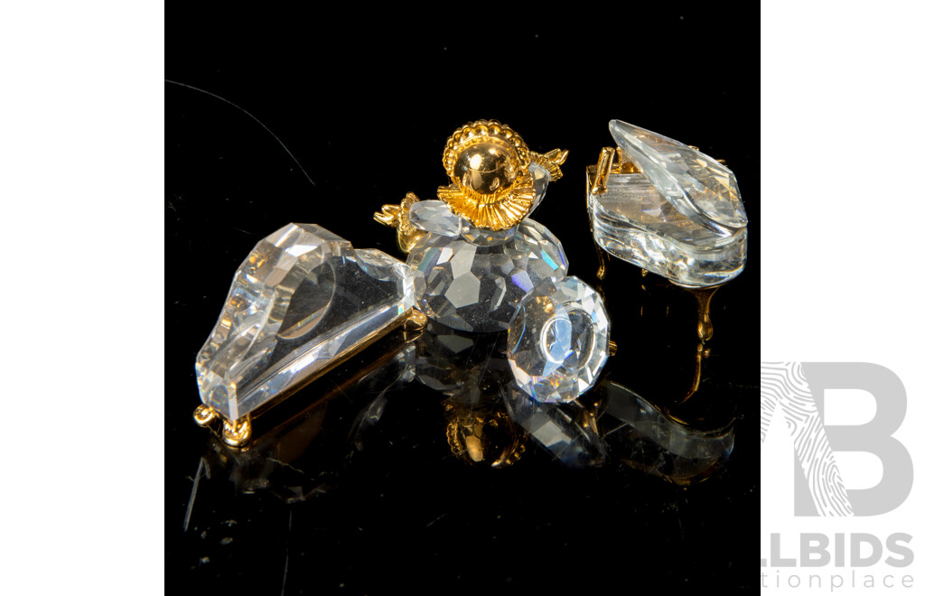 Collection Four Swarovski Austrian Crystal Memories Comprising Doll, Mantle Clock, Perfume Atomizer & Grand Piano, All in Original Box and Packaging