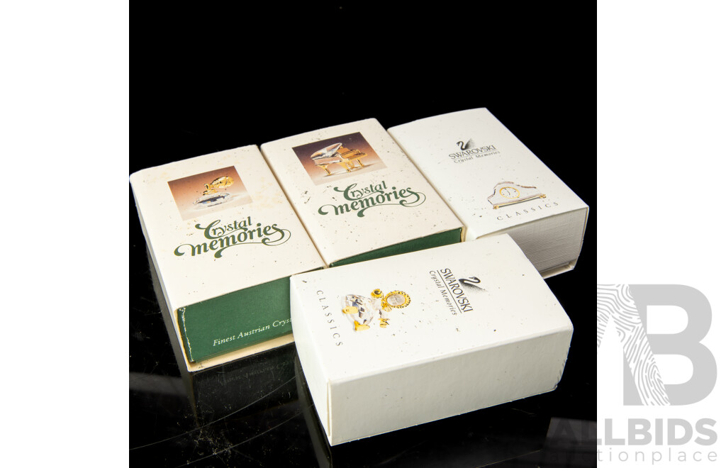 Collection Four Swarovski Austrian Crystal Memories Comprising Doll, Mantle Clock, Perfume Atomizer & Grand Piano, All in Original Box and Packaging