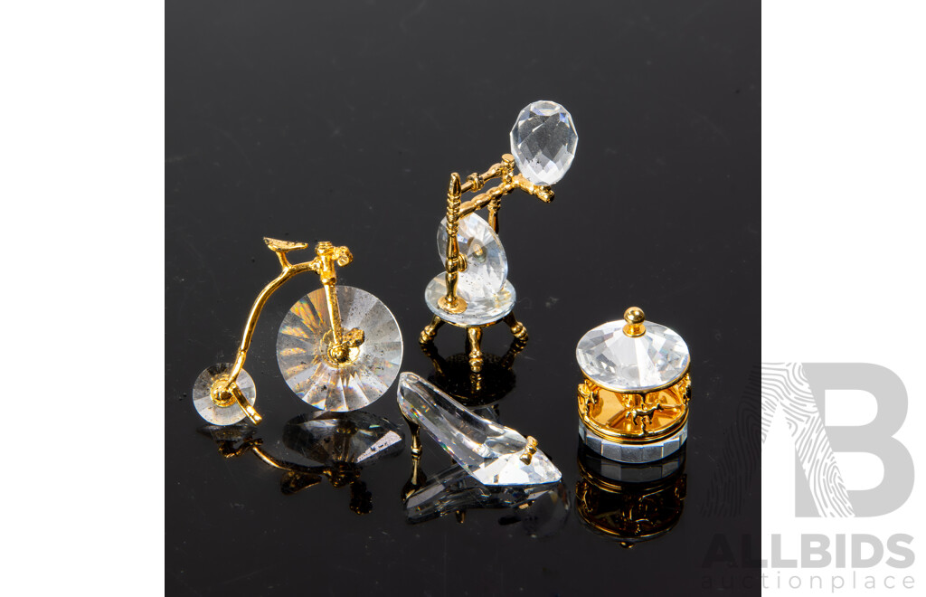 Collection Four Swarovski Austrian Crystal Memories Comprising High Heeled Shoe, Carousel, Penny Farthing & Spinning Wheel, Three in Original Box and Packaging