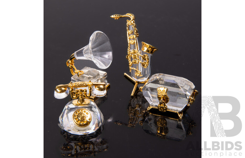 Collection Four Swarovski Austrian Crystal Memories Comprising Telephone, Casket, Saxophone & Phonograph, All in Original Box and Packaging
