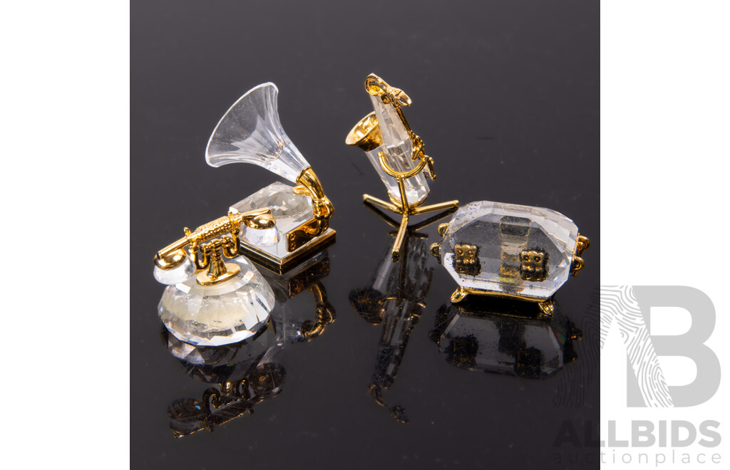 Collection Four Swarovski Austrian Crystal Memories Comprising Telephone, Casket, Saxophone & Phonograph, All in Original Box and Packaging