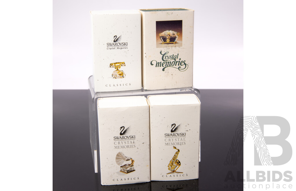 Collection Four Swarovski Austrian Crystal Memories Comprising Telephone, Casket, Saxophone & Phonograph, All in Original Box and Packaging