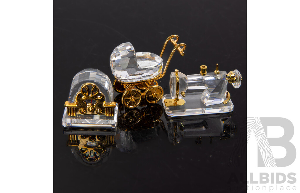 Collection Three Swarovski Austrian Crystal Memories Comprising Baby Pram, Sewing Machine & Radiogram, All in Original Box and Packaging