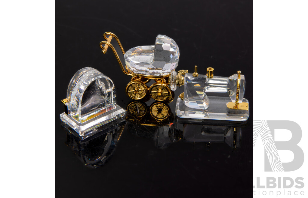 Collection Three Swarovski Austrian Crystal Memories Comprising Baby Pram, Sewing Machine & Radiogram, All in Original Box and Packaging