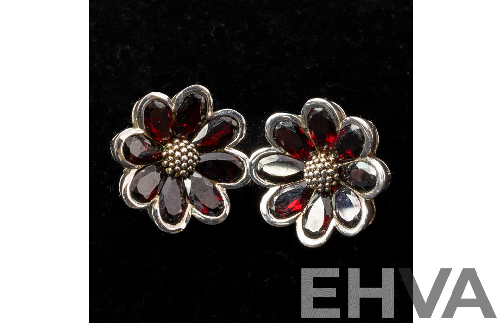 Sterling Silver Garnet Daisy Stud Earrings, 25mm, 19.79 Grams