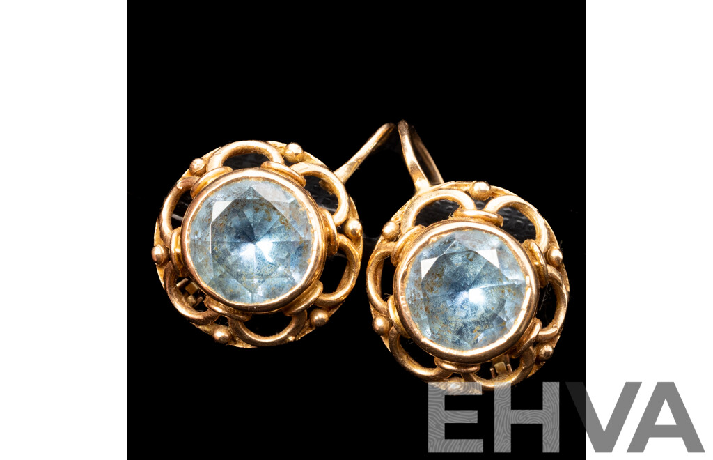 14ct Vintage Rose Gold Swiss Blue Topaz Euro Latch Hook Earrings, 4.26ct, 20mm, 4.55 Grams