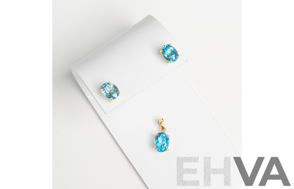 14ct Swiss Blue Topaz Pendant & Stud Earrings Set, 4.51ct, 3.02 Grams