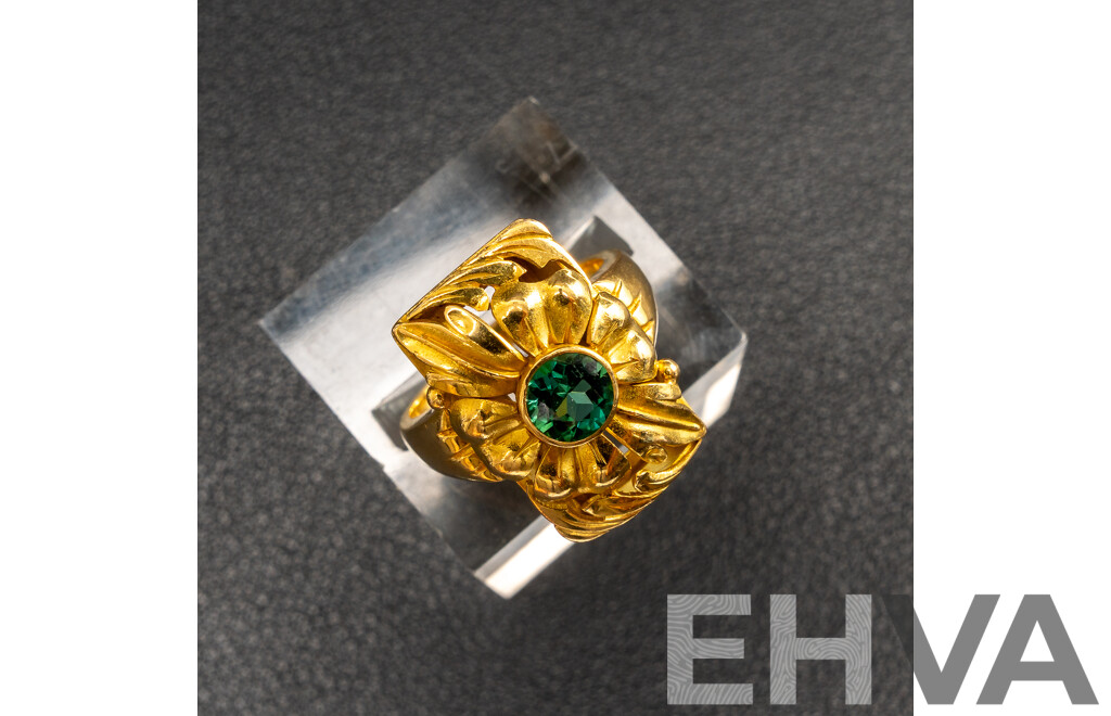 18ct Ornate Floral Design Green Tourmaline Ring, 0.58ct, Size L, 9.82 Grams