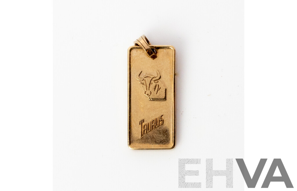 9ct Cragside 2.5g 375 Gold Ignot Pendant, Hallmarked with Taurus Bull Symbol on Reverse, 20mm Long, 2.82 Grams