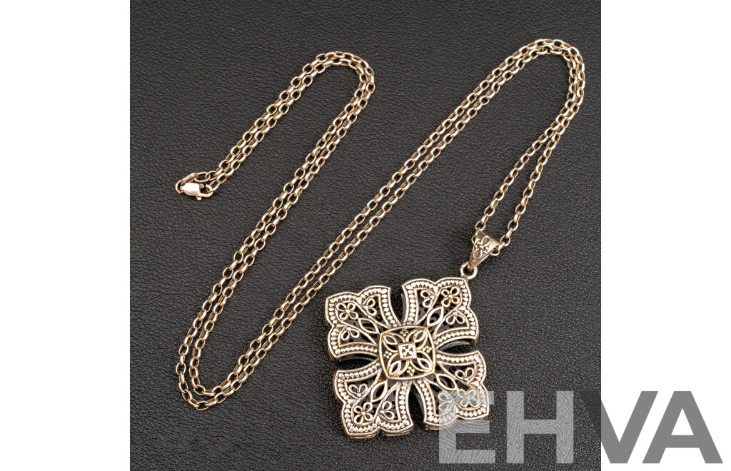 Najo Sterling Silver Ornate Cross Pendant & Chain, 76cm, 29.10 Grams