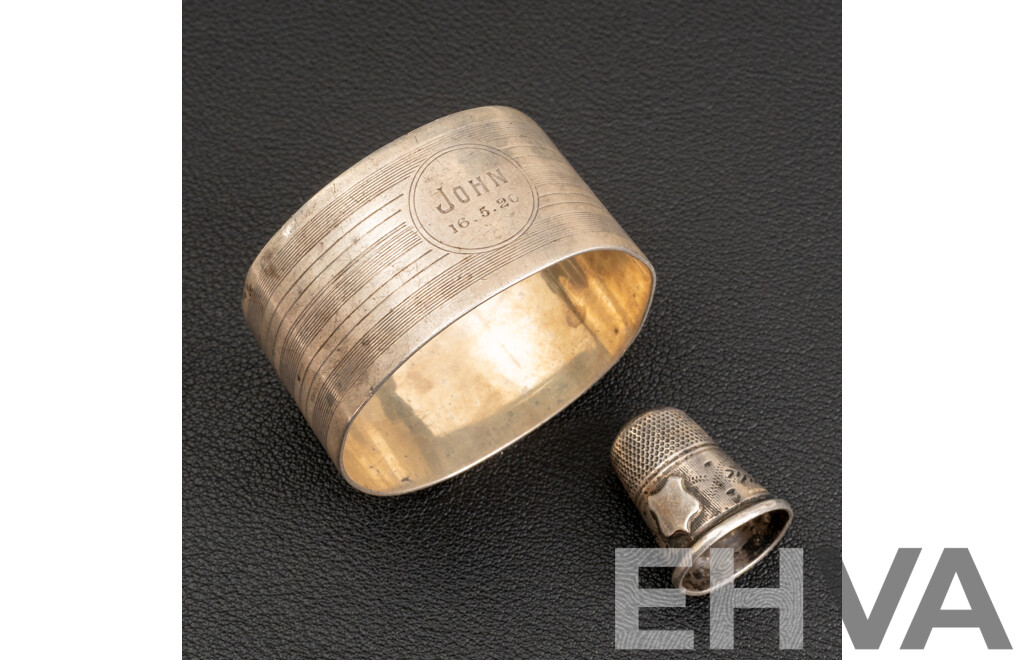 Petite Sterling Silver Antique Thimble & Antique Sterling Silver Napkin Ring, Birmingham 1917, 20.94 Grams