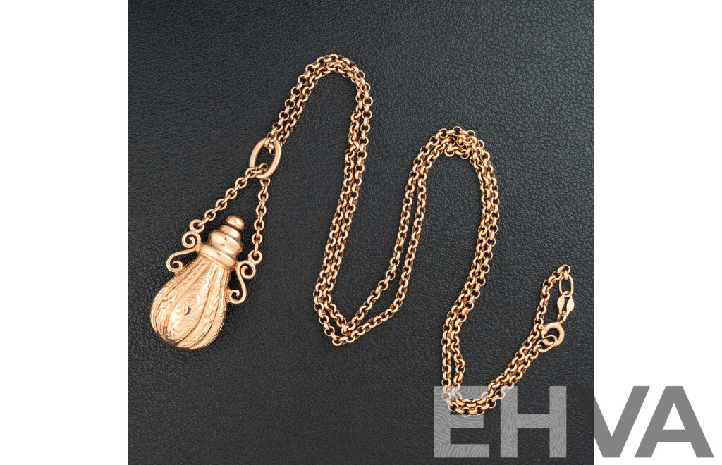9ct Rose Gold Perfume/Snuff Bottle Pendant 50mm, on 9ct Belcher Link Necklace, 56cm, 16.73 Grams
