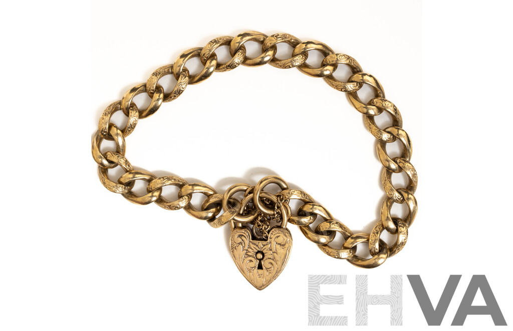 9ct Vintage Patterned Curb Link Bracelet with Heart Shaped Padlock Clasp & Safety Chain, 20cm, 27.42 Grams