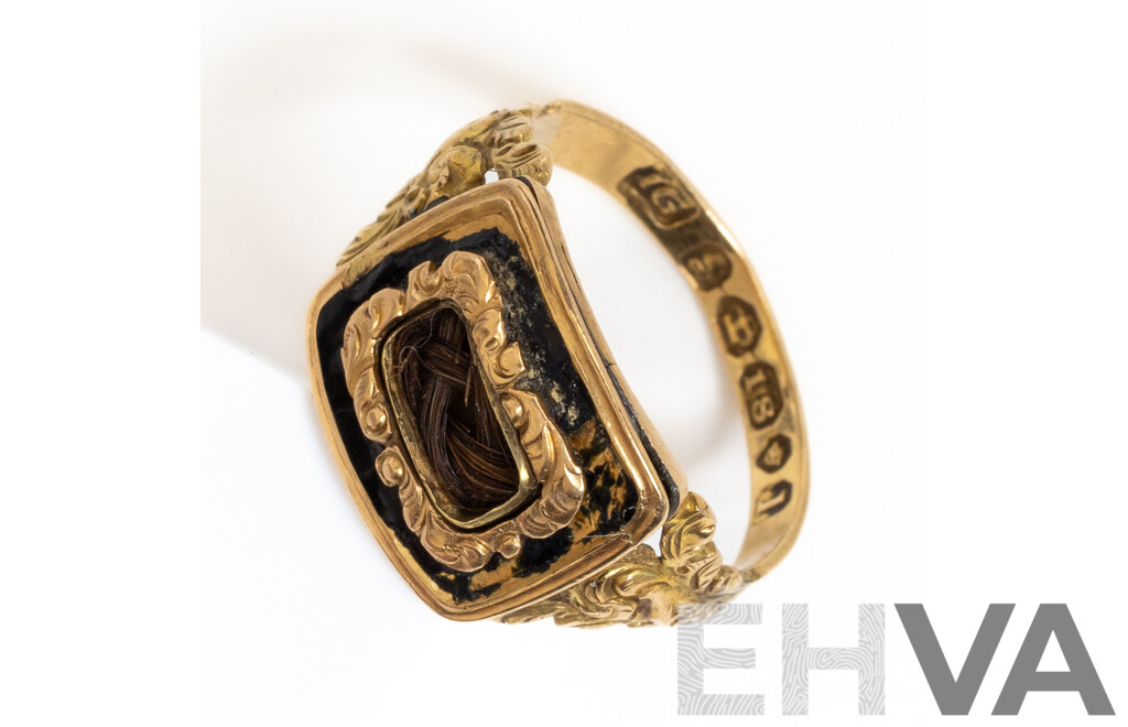 18ct Antique Georgian Hair Locket Black Enamel Mourning Ring, London 1826, Size L, 2.79 Grams