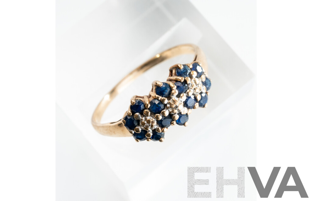 9ct Vintage Sapphire & Diamond Daisy Cluster Ring, Size O, 1.93 Grams
