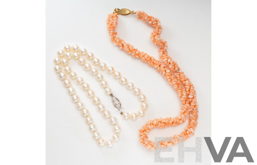 Sterling Silver Vintage Cultured Pearl Necklace and Vintage Coral Beaded Twist Necklace