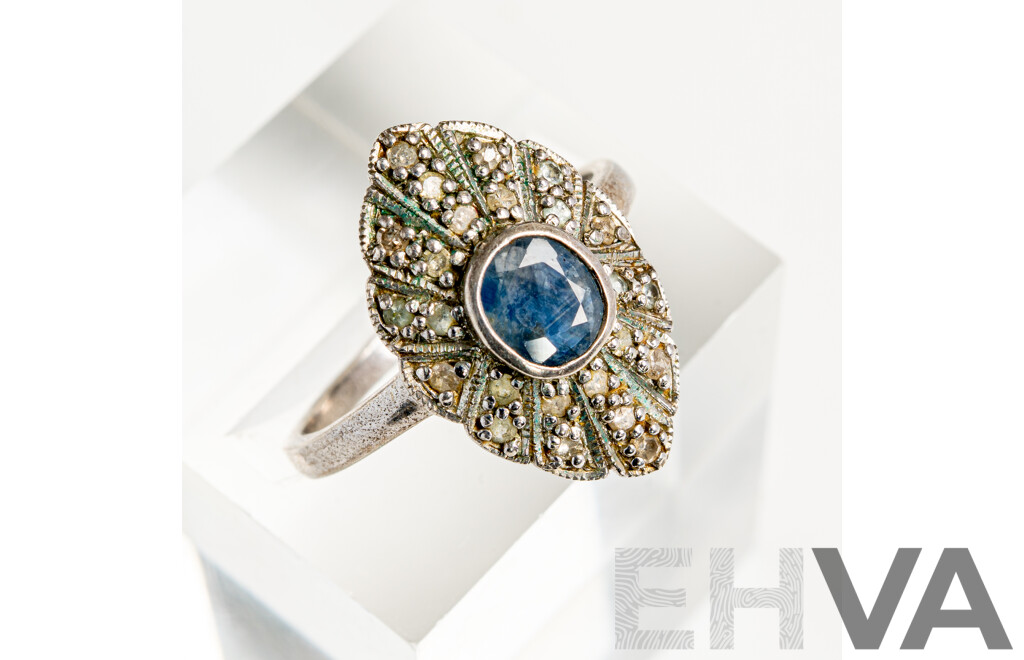 Vintage Sterling Silver Sapphire & Diamond Set Ring, S0.36ct/TDW0.24ct, 2.29 Grams