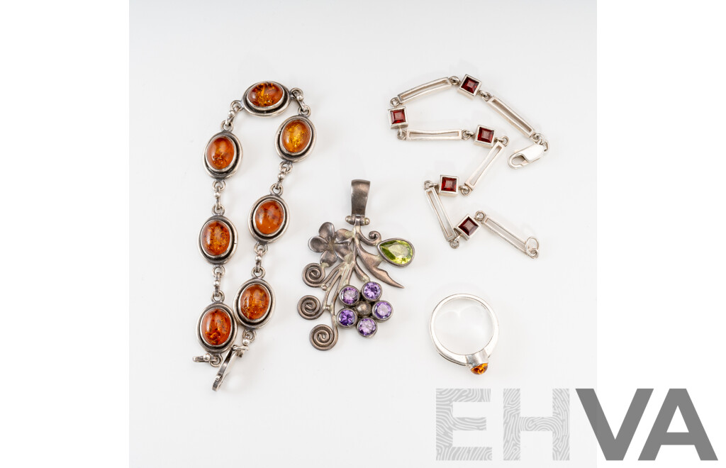 Vintage Sterling Silver Jewellery Set with Amber, Amethyst, Garnet & Peridot, 33.93 Grams