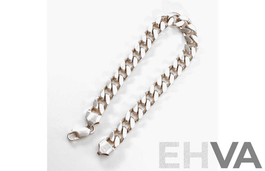 Solid Sterling Silver Mens Flat Curb Link Bracelet, 21cm, 29.33 Grams