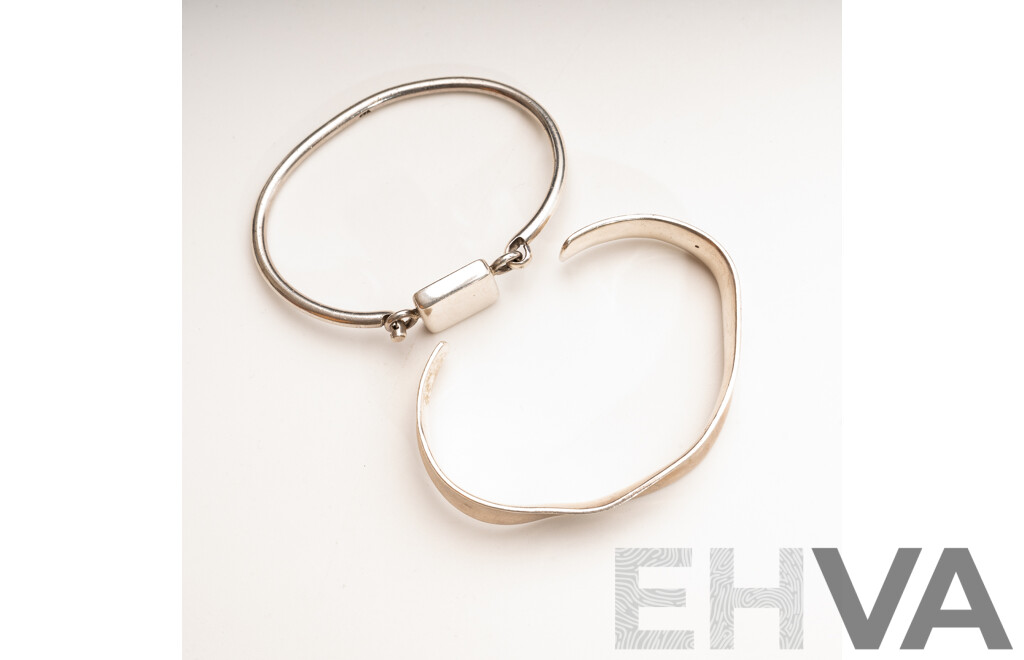 Sterling Silver Cuff with Square Hinged Clasp & Sterling Silver Open Cuff Concave Bangle, 33.91 Grams