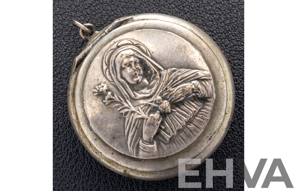 Antique Virgin Mary Deliquary Relic Container Locket Pendant in Sterling Silver (800), 7.45 Grams