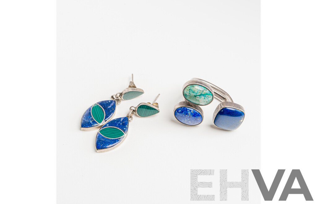 Vintage Sterling Silver Lapis Lazuli & Azurite Ring & SS Lapis Lazuli & Malachite Drop Stud Earrings (950), 17.82 Grams