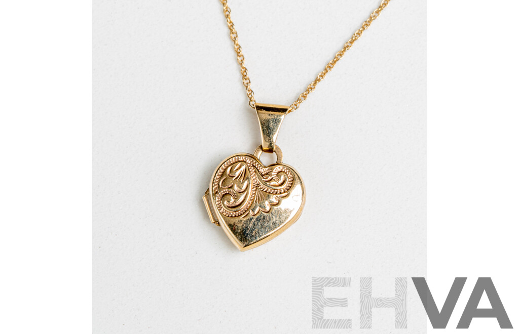 9ct Embossed Heart Shaped Locket, 10mm, on 10K Rope Twist Chain, 45cm, 1.13 Grams - as New