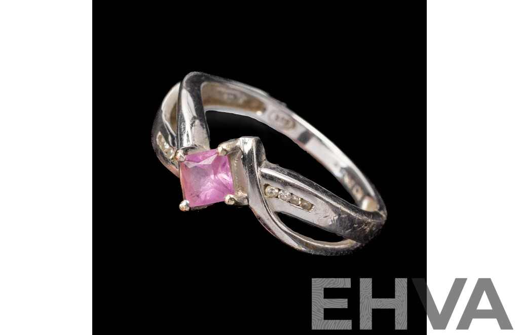 9ct Angus & Coote White Gol Pink Created Sapphire & Diamond Ring, TDW 0.05ct, Size M, 2.17 Grams