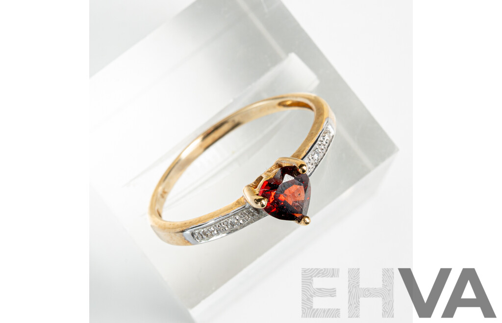 9ct Garnet & Diamond Set Heart Cut Ring, Size N, 1.54 Grams