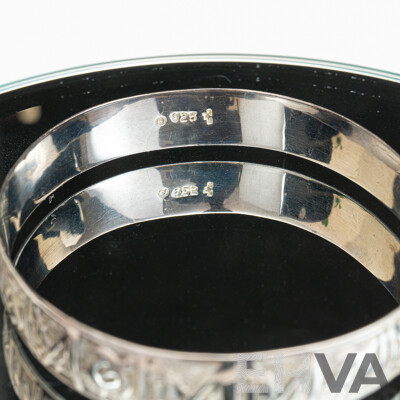 Sterling Silver Oval Embossed Patterned Bangle with Turtle & Monkey Design, 65mm, 20.07 Grams