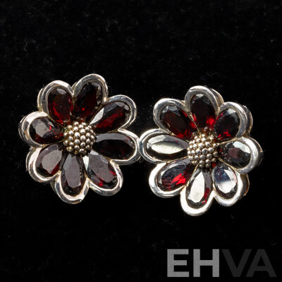 Sterling Silver Garnet Daisy Stud Earrings, 25mm, 19.79 Grams