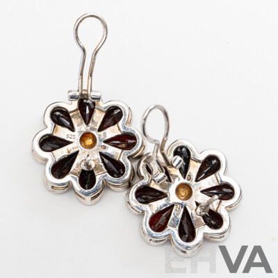 Sterling Silver Garnet Daisy Stud Earrings, 25mm, 19.79 Grams