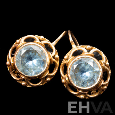 14ct Vintage Rose Gold Swiss Blue Topaz Euro Latch Hook Earrings, 4.26ct, 20mm, 4.55 Grams