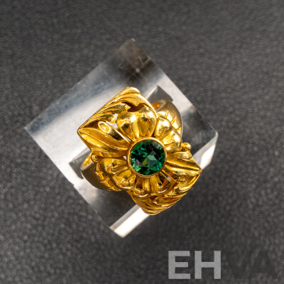 18ct Ornate Floral Design Green Tourmaline Ring, 0.58ct, Size L, 9.82 Grams