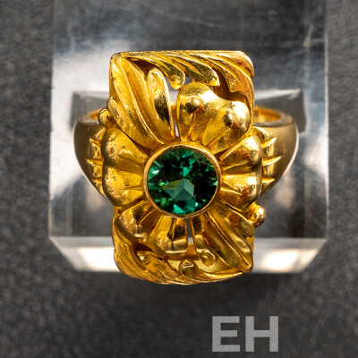 18ct Ornate Floral Design Green Tourmaline Ring, 0.58ct, Size L, 9.82 Grams