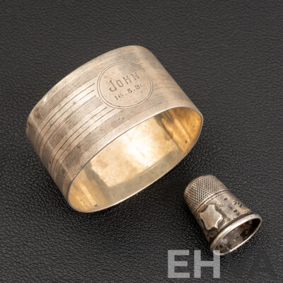 Petite Sterling Silver Antique Thimble & Antique Sterling Silver Napkin Ring, Birmingham 1917, 20.94 Grams