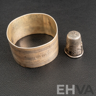 Petite Sterling Silver Antique Thimble & Antique Sterling Silver Napkin Ring, Birmingham 1917, 20.94 Grams