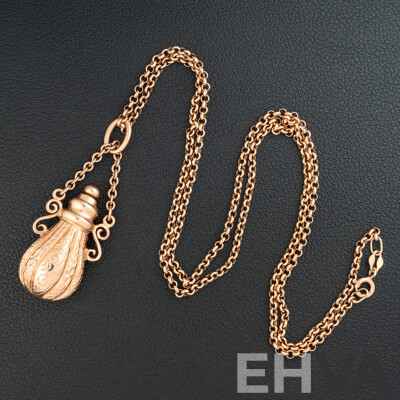 9ct Rose Gold Perfume/Snuff Bottle Pendant 50mm, on 9ct Belcher Link Necklace, 56cm, 16.73 Grams