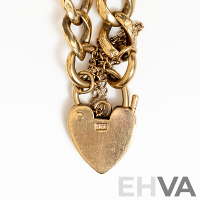 9ct Vintage Patterned Curb Link Bracelet with Heart Shaped Padlock Clasp & Safety Chain, 20cm, 27.42 Grams