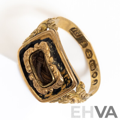 18ct Antique Georgian Hair Locket Black Enamel Mourning Ring, London 1826, Size L, 2.79 Grams