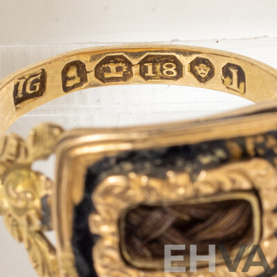 18ct Antique Georgian Hair Locket Black Enamel Mourning Ring, London 1826, Size L, 2.79 Grams