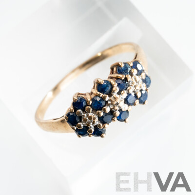 9ct Vintage Sapphire & Diamond Daisy Cluster Ring, Size O, 1.93 Grams