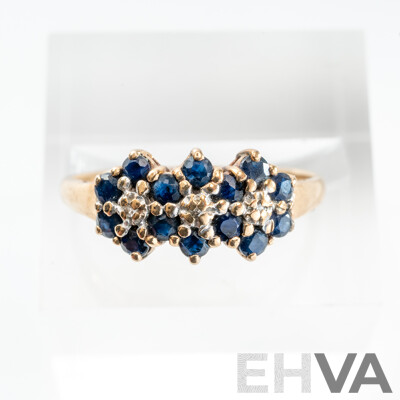9ct Vintage Sapphire & Diamond Daisy Cluster Ring, Size O, 1.93 Grams