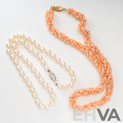 Sterling Silver Vintage Cultured Pearl Necklace and Vintage Coral Beaded Twist Necklace