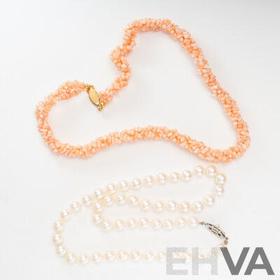 Sterling Silver Vintage Cultured Pearl Necklace and Vintage Coral Beaded Twist Necklace